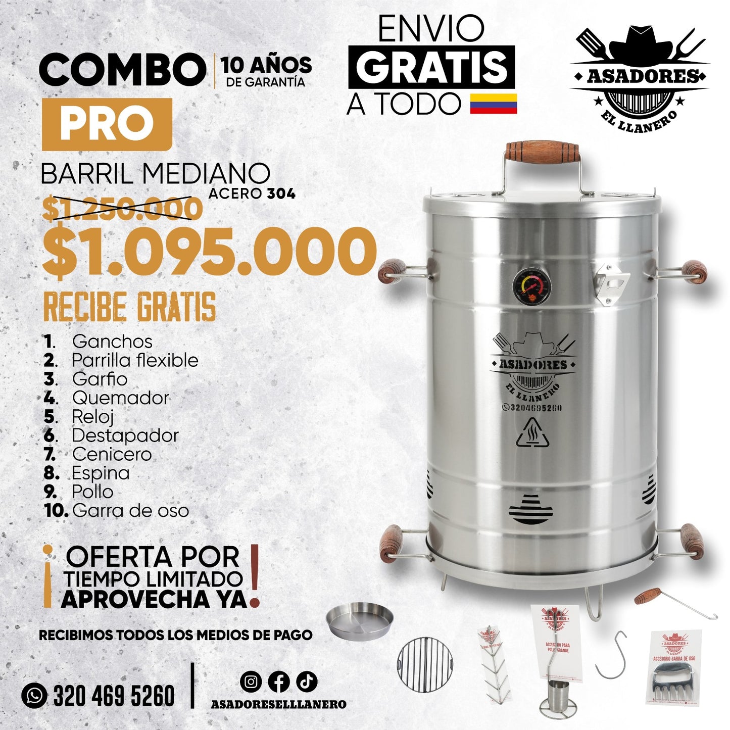 ¡Combo Asador Mediano en Acero Inoxidable 20-28 Libras con Accesorios Especiales, ¡Aprovecha la Oferta!