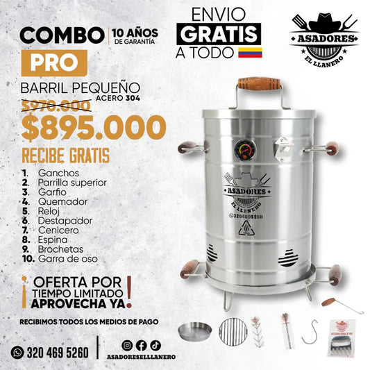 ¡Combo Asador Mediano en Acero Inoxidable capacidad de 10-12 Libras con Accesorios Especiales, ¡Aprovecha la Oferta!