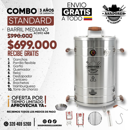 ¡Combo Asador Mediano en Acero Inoxidable 20-28 Libras con Accesorios Especiales, ¡Aprovecha la Oferta!