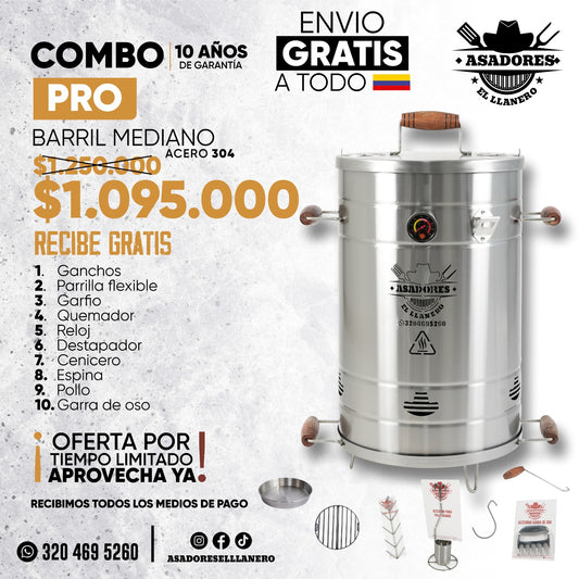 ¡Combo Asador Mediano en Acero Inoxidable 20-28 Libras con Accesorios Especiales, ¡Aprovecha la Oferta!